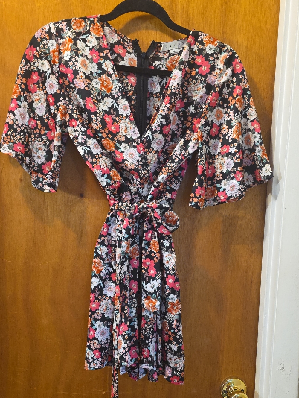 Floral Wrap Mini Romper - Black with Pink & Orange Blooms